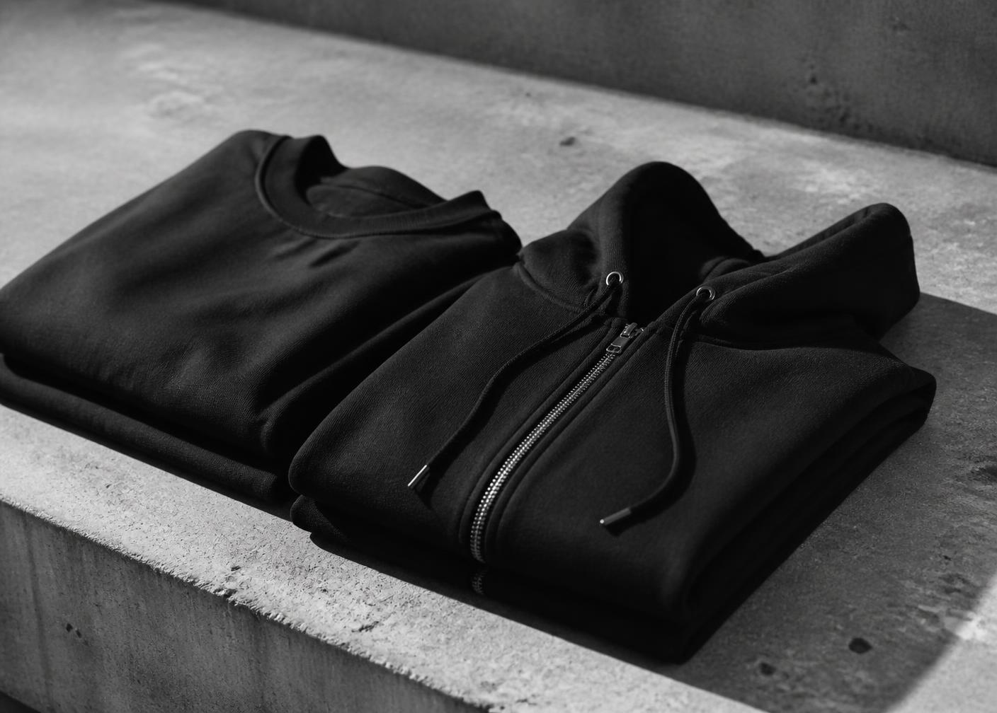 Folded black apparel on concrete