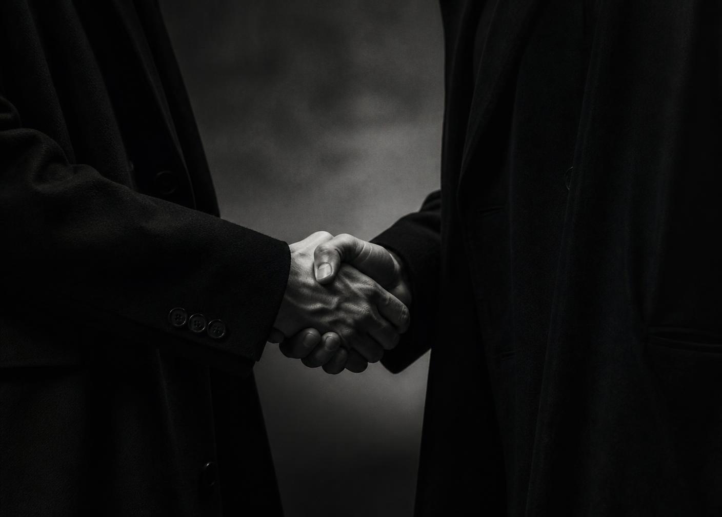 Two people shaking hands in low light